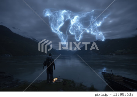 Man by Campfire with Digital Projection of World Map Over Calm Water at Dusk Man by Campfire with Digital Projection of World Map Over Calm Water at Dusk 135993538