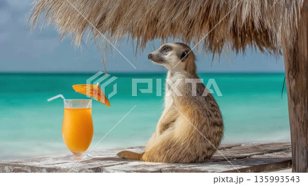 Meerkat Relaxing on a Sunbed Near Tropical Beach with Refreshing Drink and Umbrella 135993543