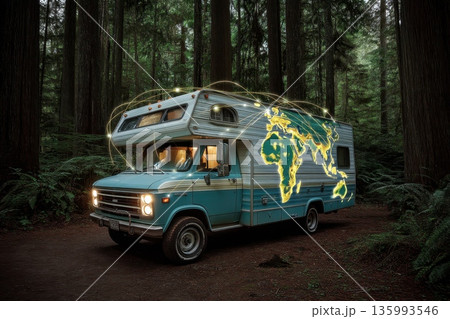 Mixed Reality Composition with Holographic Network in a Forest Setting Featuring Camper Van Mixed Reality Composition with Holographic Network in a Forest Setting Featuring Camper Van 135993546