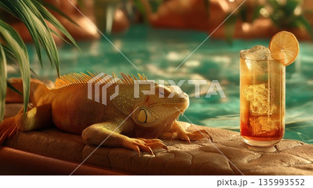 Iguana Sunning on Rocky Edge of Pool with Refreshing Drink and Tropical Vibes 135993552