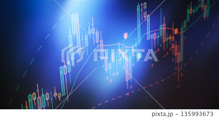 stock market candlestick chart on digital screen with blue backlight, technical analysis, trading volatility, price dynamics, forex market data visualization concept and financial data. stock market candlestick chart on digital screen with blue backlight, technical analysis, trading volatility, price dynamics, forex market data visualization concept and financial data. 135993673