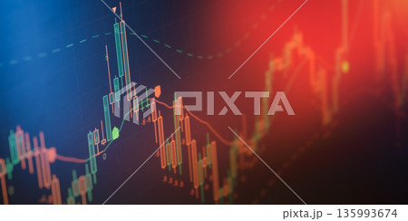 stock market candlestick chart on digital screen with blue backlight, technical analysis, trading volatility, price dynamics, forex market data visualization concept and financial data. 135993674