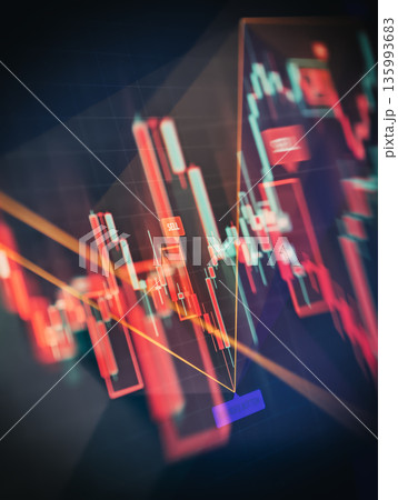 Trading Candlestick Chart With Sell Signal and Downtrend Pattern on Digital Screen,Stock Market Decline, Forex Volatility 135993683