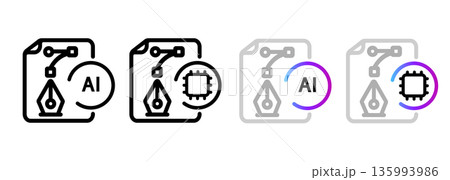 AI creative design icon set with pen tool generative artificial intelligence automated graphic design digital art creation smart artistic software 135993986