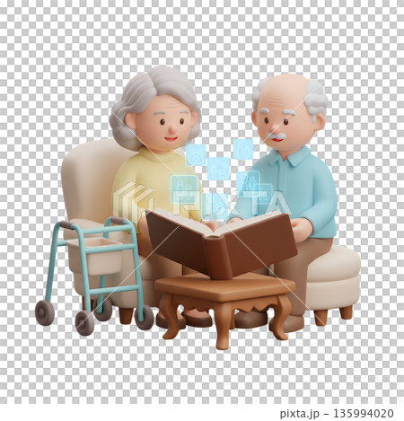 Elderly couple looks at a photo album as interactive digital pictures and holograms float above it, blending nostalgia with modern technology Elderly couple looks at a photo album as interactive digital pictures and holograms float above it, blending nostalgia with modern technology 135994020