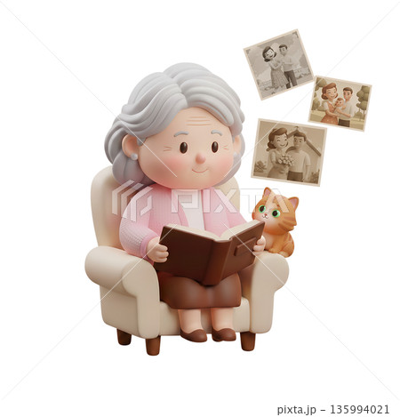 Cozy 3d scene of a grandma sharing a photo album with her cat, surrounded by floating memories, representing warmth, family stories, and nostalgia 135994021
