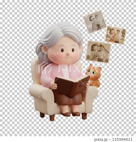 Cozy 3d scene of a grandma sharing a photo album with her cat, surrounded by floating memories, representing warmth, family stories, and nostalgia 135994021