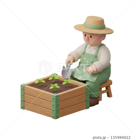 Cheerful 3d cartoon gardener character planting a small seedling in a raised wooden garden bed, representing spring and home gardening 135994022