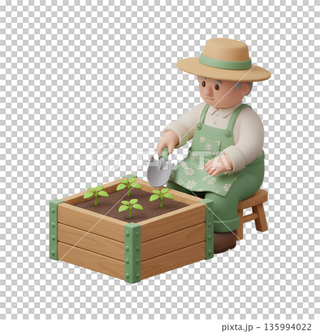 Cheerful 3d cartoon gardener character planting a small seedling in a raised wooden garden bed, representing spring and home gardening 135994022