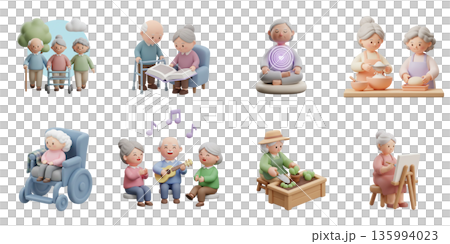 Diverse set of 3d icons showing happy senior citizens enjoying hobbies like gardening, painting, music, walking 135994023