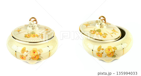 Antique Floral Porcelain Jewelry Boxes Isolated on White Background 135994033
