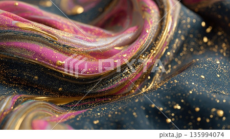 Luxurious abstract 3D background of iridescent red liquid waves with shimmering golden spheres and glittering metallic particles 135994074
