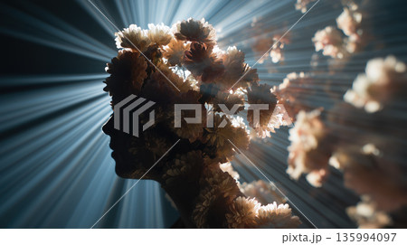 Surreal silhouette of a head filled with flowers and backlit by dramatic rays, expressing complex mental health, inner growth, emotional struggle, hope, anxiety, and duality Surreal silhouette of a head filled with flowers and backlit by dramatic rays, expressing complex mental health, inner growth, emotional struggle, hope, anxiety, and duality 135994097