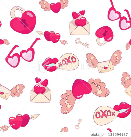 Seamless vector pattern with cute Valentine s Day elements including hearts, lips, love letters, arrows, wings, and romantic symbols. Playful pink color palette creates a cheerful and loving mood. 135994187