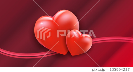 Luxury 3D red heart banner with glossy finish on deep red background, elegant romantic header with silk wave lines for Valentine s Day or wedding anniversary. 135994237