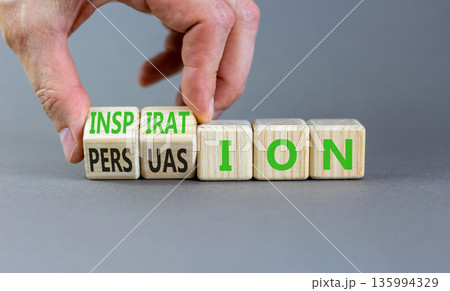 Persuasion or inspiration symbol. Concept words Persuasion and Inspiration on wooden cubes. Beautiful grey background. Psychologist hand. Psychology persuasion inspiration concept. Copy space. Persuasion or inspiration symbol. Concept words Persuasion and Inspiration on wooden cubes. Beautiful grey background. Psychologist hand. Psychology persuasion inspiration concept. Copy space. 135994329
