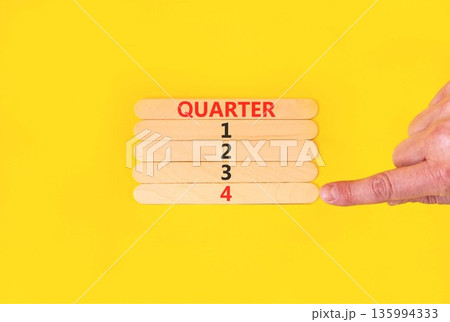 4th fourth quarter 4 symbol. Concept word Quarter 4 on beautiful wooden sticks. Beautiful yellow background. Businessman's hand. Business, happy 4th fourth quarter 4 Q4 concept. Copy space. 135994333