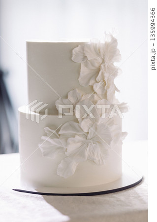 Simple two-tiered wedding cake decorated with patterns prepared  135994366
