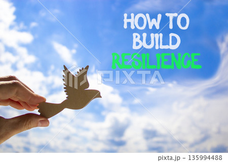 How to build resilience symbol. Concept words How to build resilience on beautiful blue sky. Beautiful blue sky background. Businessman's hand. Business how to build resilience concept. Copy space. 135994488