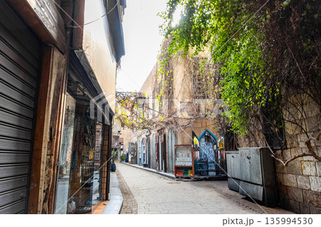A narrow alley in the Khan El Khalili market in Cairo, Egypt. Stone buildings with vines, colourful doors, and a cobblestone path create a historic atmosphere. A narrow alley in the Khan El Khalili market in Cairo, Egypt. Stone buildings with vines, colourful doors, and a cobblestone path create a historic atmosphere. 135994530