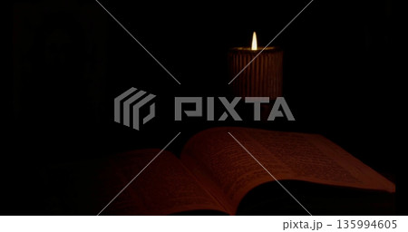 Serene Illuminated Journal Setting, Peaceful Moment Captured With Candle Glow And Textured Pages 135994605