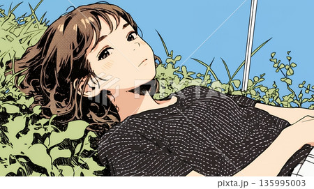 心地よさそうに地面に身を横たえる若い女性