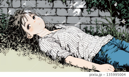 心地よさそうに地面に身を横たえる若い女性