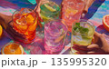 Hands reach for colorful drinks at a lively gathering 135995320
