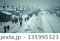 Winter morning at a WWII concentration camp with harsh realities visible 135995323