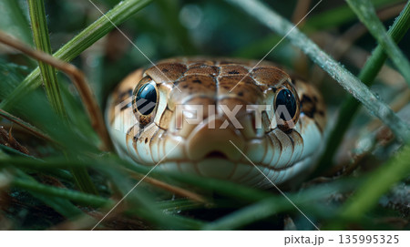 Serene encounter with a camouflaged snake among lush grass at dawn 135995325