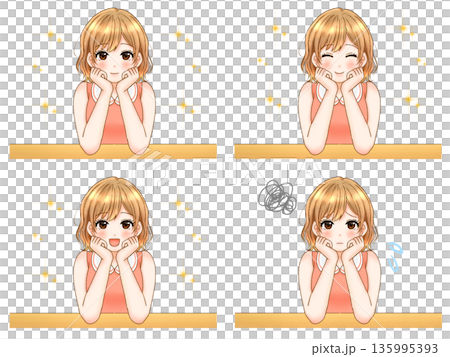 一組插畫，描繪了一個眼神狡猾、仰望天空的可愛女孩。 135995393