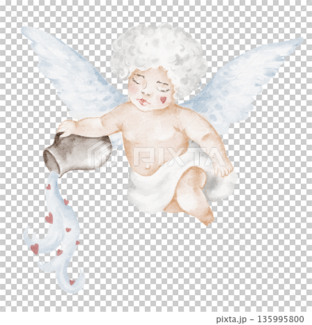 Watercolor cupid child illustration, hand drawn and isolated. Flying cherub angel for valentines day, wedding, anniversary, postcard, card and celebration design. Suitable for print and digital use. 135995800