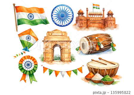 Png set of indian republic day elements including flag, landmarks, and cultural symbols isolated on transparent background. concept of national celebration, heritage, cultural pride. Png set of indian republic day elements including flag, landmarks, and cultural symbols isolated on transparent background. concept of national celebration, heritage, cultural pride. 135995822