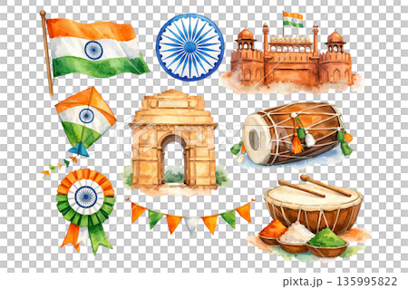 Png set of indian republic day elements including flag, landmarks, and cultural symbols isolated on transparent background. concept of national celebration, heritage, cultural pride. Png set of indian republic day elements including flag, landmarks, and cultural symbols isolated on transparent background. concept of national celebration, heritage, cultural pride. 135995822