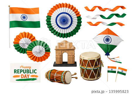 Png set of republic day india collection with flags, drums, and decorations on transparent background. concept of national celebration, indian culture, festive elements. 135995823
