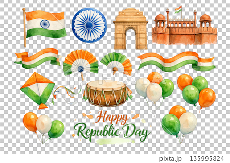 Png set of republic day india elements with flags, monuments, and traditional symbols on transparent background. concept of national celebration, cultural artifacts, patriotic decor. 135995824