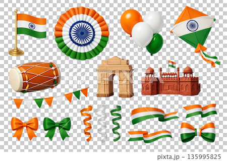 Png set of republic day india elements including flags, balloons, kites, and iconic landmarks isolated on transparent background. concept of indian national celebration, cultural symbols, patriotic 135995825