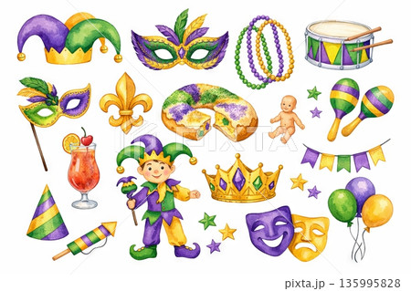 watercolor Mardi gras celebration collection with masks, beads, and festive accessories isolated on white background. concept of carnival festival, festive decor, party elements 135995828