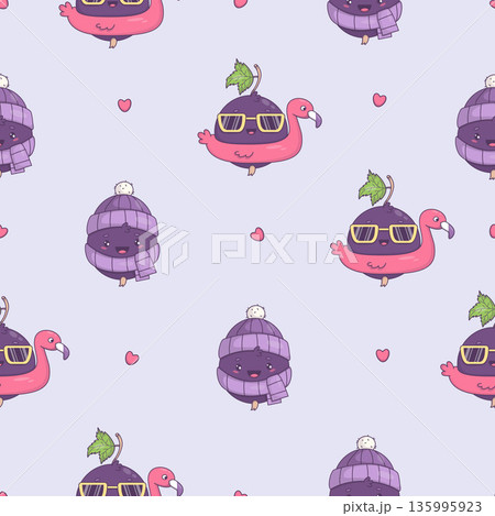 Cute Kawaii Blackcurrant Character Seamless Pattern. Winter Berry Currant with Hat and Scarf and Summer Mascot with Sunglasses and Inflatable Flamingo Float on Light Background. Vector illustration 135995923