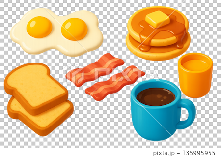 Png cartoon breakfast set with eggs, bacon, pancakes, toast, and coffee isolated on transparent background. concept of morning meal, cute breakfast elements, fun food illustration 135995955