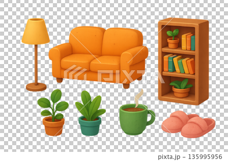 Png cozy home set with sofa, lamp, bookshelf, potted plants, coffee cup, and slippers isolated on transparent background. concept of comfortable living, home decor, relaxation elements 135995956