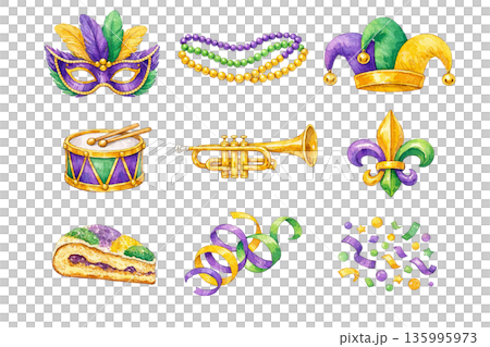 watercolor Png set of colorful mardi gras elements with mask, beads and instruments isolated on transparent background. concept of celebration decor, festival icons, party symbols collection 135995973