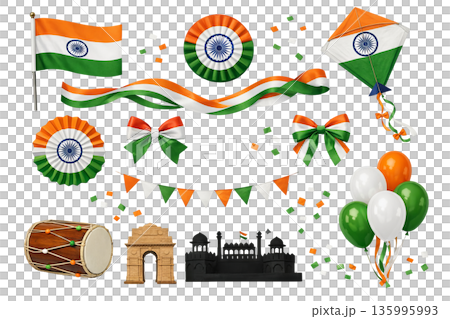Png set of republic day india elements including flags, kites, and decorations on transparent background. concept of national celebration, patriotic symbols, indian cultural icons. 135995993