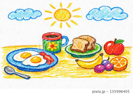 Breakfast food crayon drawing under a sunny sky. Kid meal plate with healthy food. Happy morning concept for child art 135996405
