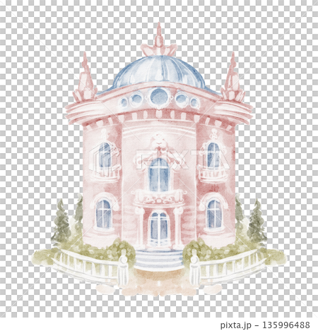 Watercolor drawing of a grand rococo mansion. Isolated illustration of villa, estate, and residence. Perfect for real estate marketing, invitation, or brochure. 135996488