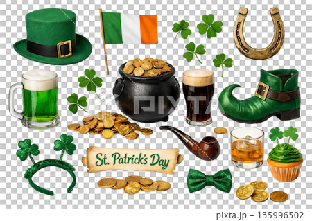 Png st patrick s day set with hat, flag, coins, and beer isolated on transparent background. concept of holiday symbols, irish traditions, festive icons collection. 135996502