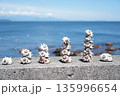 青い海を背景に積み上げられたサザエの貝殻 135996654