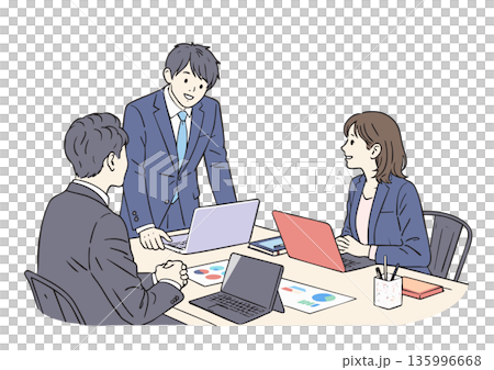 Three male and female businessmen having a meeting on a laptop Three male and female businessmen having a meeting on a laptop 135996668