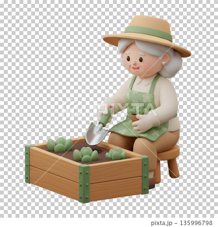 Wholesome 3d cartoon of a smiling grandma gardening in her sun hat, holding a watering can or trowel, surrounded by green plants 135996798