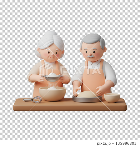 Wholesome 3d cartoon of an elderly couple baking together in a kitchen, laughing and sharing a joyful moment with flour and dough 135996803